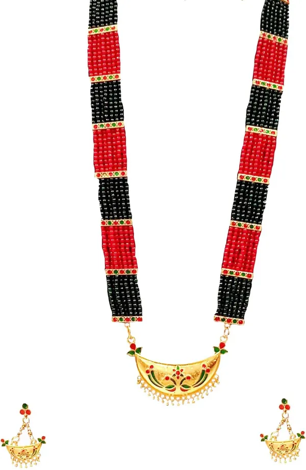 Assamese_Traditional_Gold_Plated_Red_Green_Colour_Joonbiri_Tassel_Jewellery_Set_For_Women